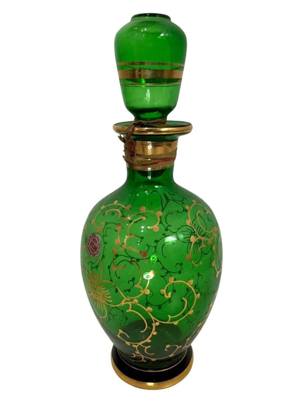 VTTG Hand Painted Green Glass Decanter Gold Floral Details Stopper Made In Italy
